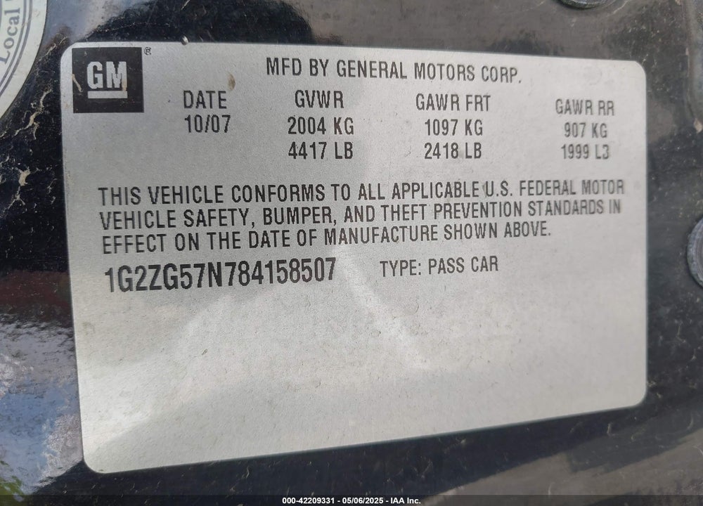 2008 PONTIAC G6 VIN: 1G2ZG57N784158507