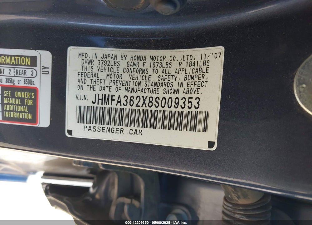 2008 HONDA CIVIC VIN: JHMFA362X8S009353
