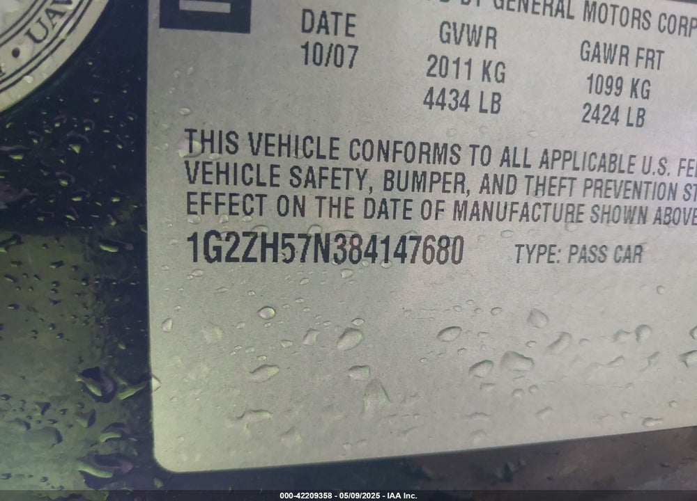 2008 PONTIAC G6 VIN: 1G2ZH57N384147680