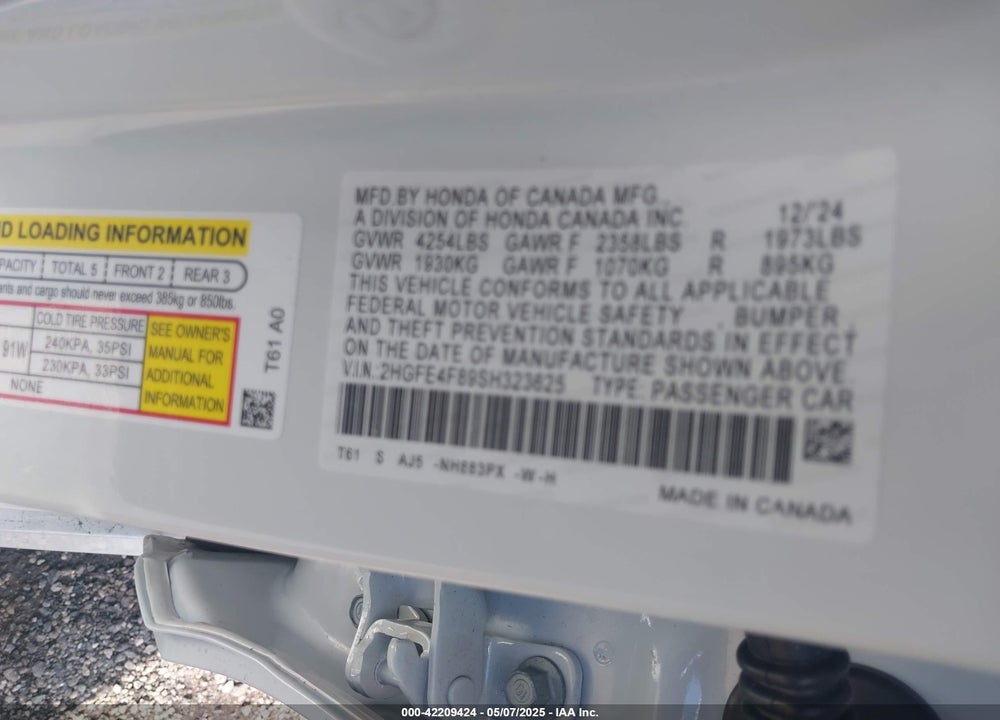 2025 HONDA CIVIC HYBRID VIN: 2HGFE4F89SH323625