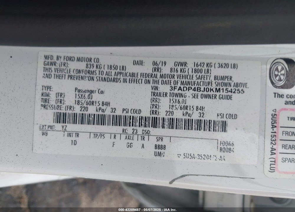 2019 FORD FIESTA VIN: 3FADP4BJ0KM154255