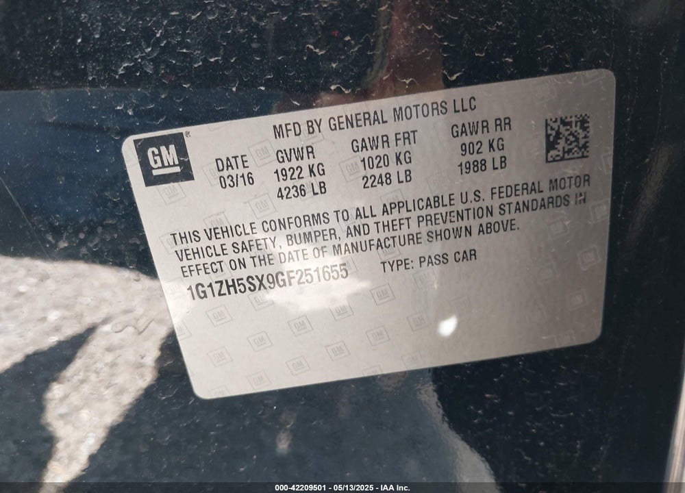 2016 CHEVROLET MALIBU VIN: 1G1ZH5SX9GF251655