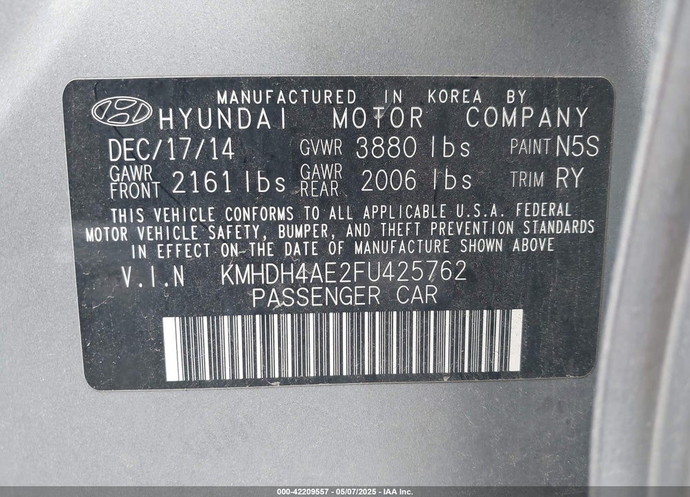 2015 HYUNDAI ELANTRA SE VIN: KMHDH4AE2FU425762