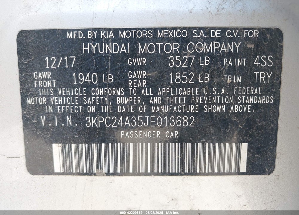 2018 HYUNDAI ACCENT VIN: 3KPC24A35JE013682