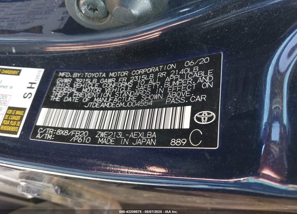 2021 TOYOTA COROLLA VIN: JTDEAMDE6MJ004554