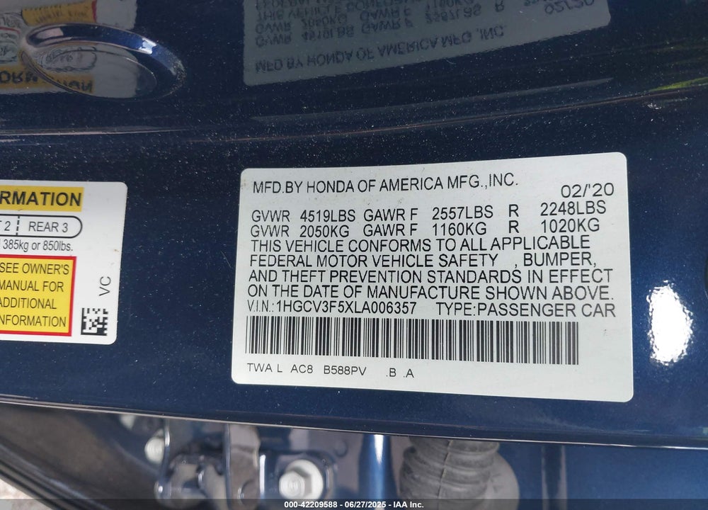 2020 HONDA ACCORD HYBRID EX-L VIN: 1HGCV3F5XLA006357