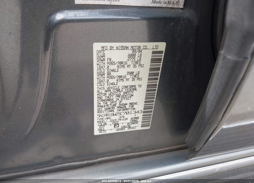 2005 NISSAN PATHFINDER SE VIN: 5N1AR18W25C701343