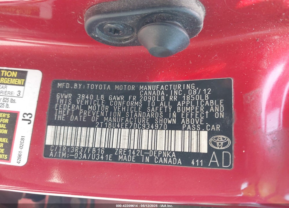 2013 TOYOTA COROLLA VIN: 2T1BU4EE7DC934970