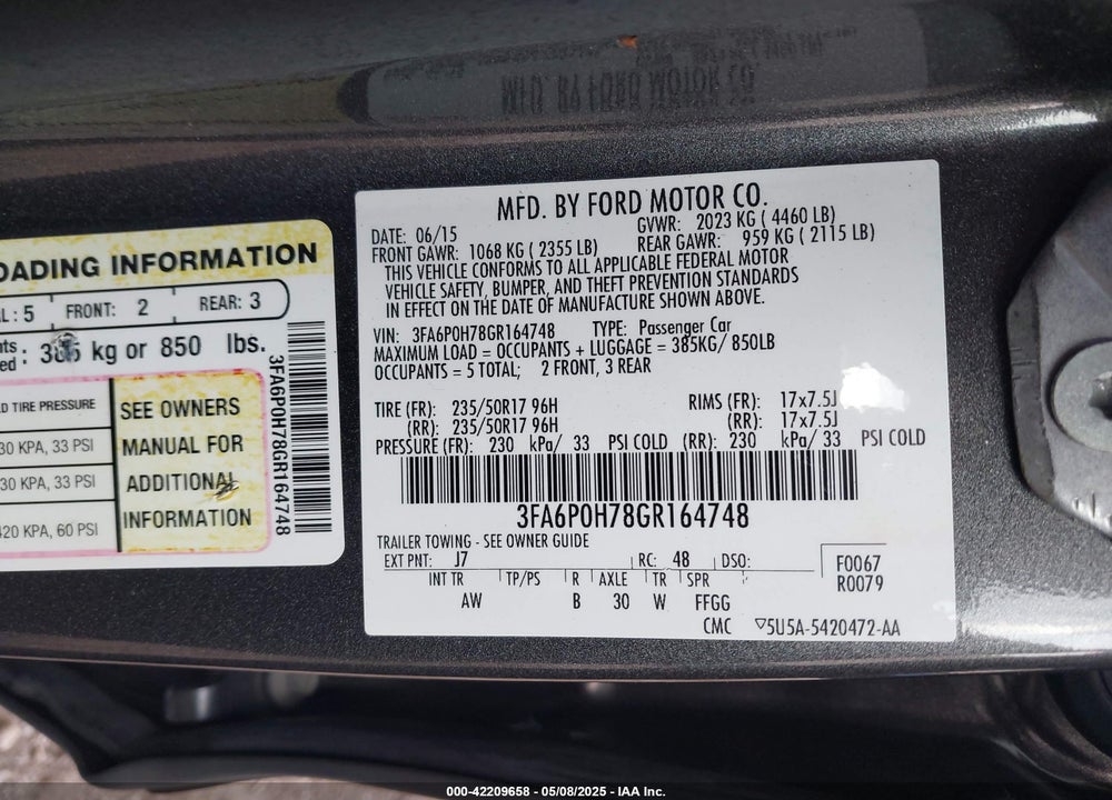 2016 FORD FUSION SE VIN: 3FA6P0H78GR164748