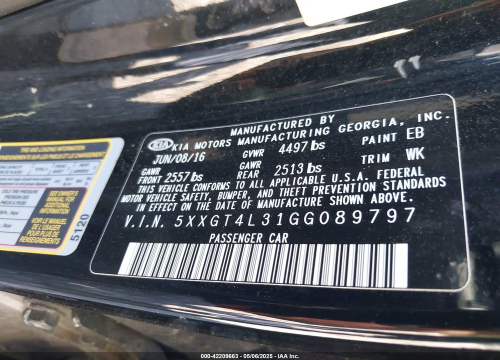 2016 KIA OPTIMA LX VIN: 5XXGT4L31GG089797