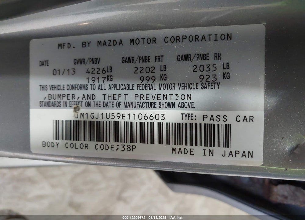 2014 MAZDA MAZDA6 VIN: JM1GJ1U59E1106603
