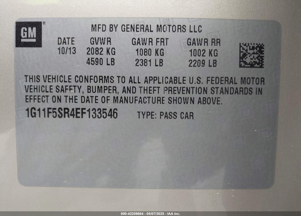 2014 CHEVROLET MALIBU VIN: 1G11F5SR4EF133546