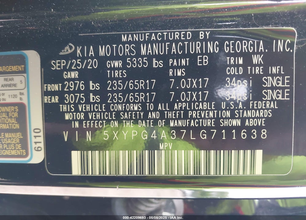 2020 KIA SORENTO 2.4L L VIN: 5XYPG4A37LG711638