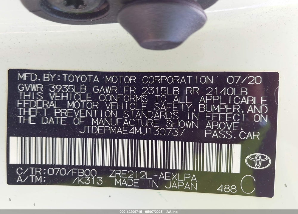 2021 TOYOTA COROLLA VIN: JTDEPMAE4MJ130737