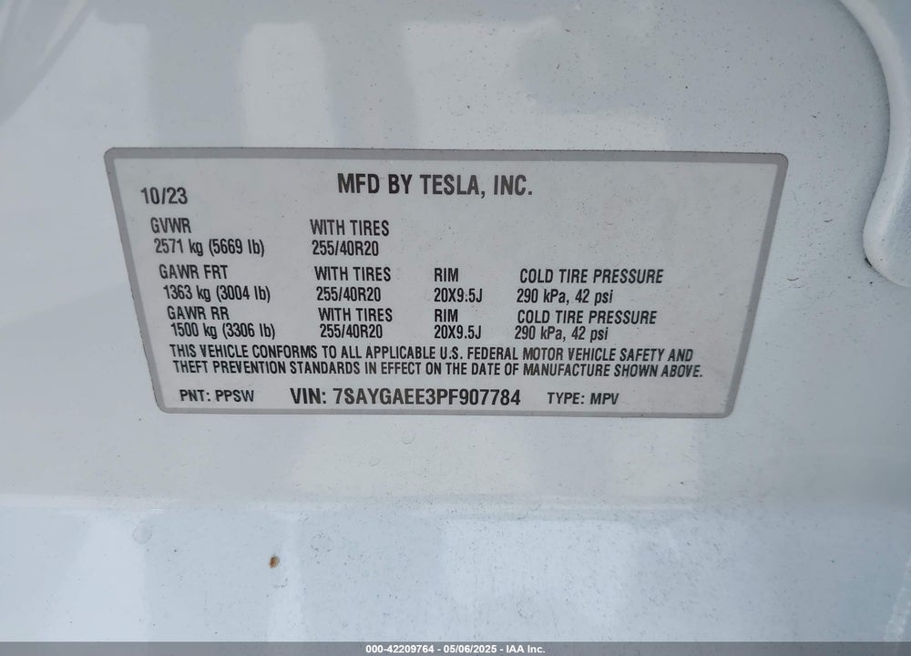 2023 TESLA MODEL Y AWD/LONG RANGE DUAL MOTOR ALL-WHEEL DRIVE VIN: 7SAYGAEE3PF907784