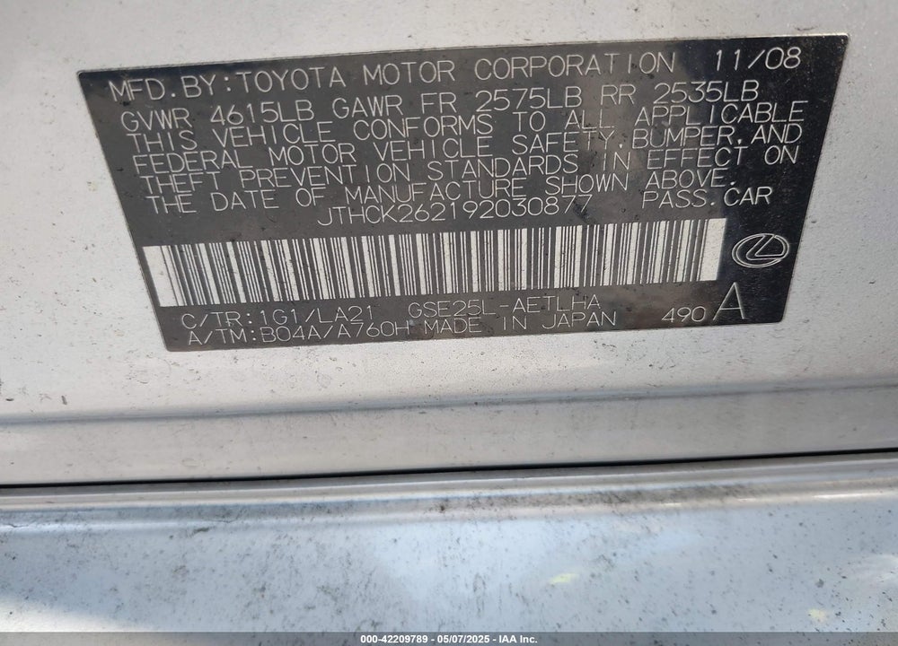2009 LEXUS IS 250 VIN: JTHCK262192030877