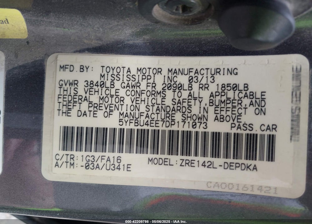 2013 TOYOTA COROLLA L VIN: 5YFBU4EE7DP171073
