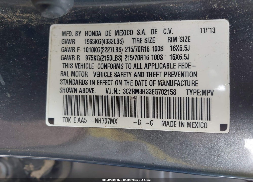 2014 HONDA CR-V LX VIN: 3CZRM3H33EG702158