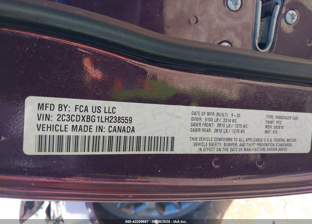 2020 DODGE CHARGER VIN: 2C3CDXBG1LH238559