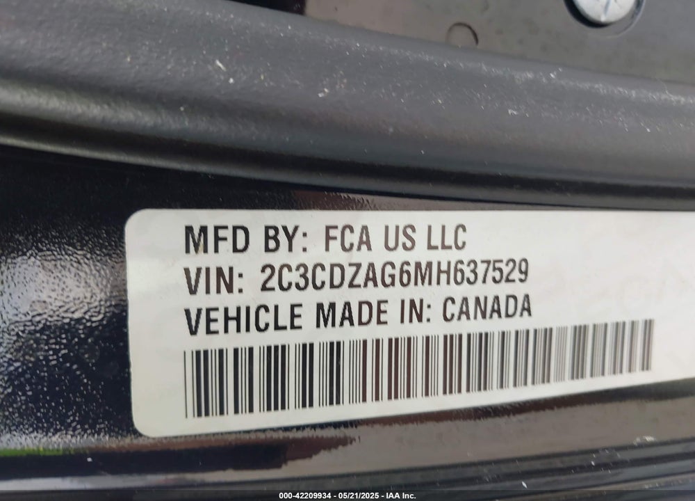 2021 DODGE CHALLENGER VIN: 2C3CDZAG6MH637529