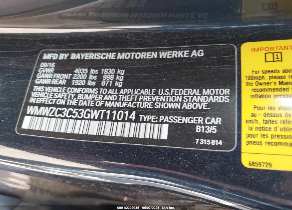 2016 MINI COOPER COUNTRYMAN VIN: WMWZC3C53GWT11014