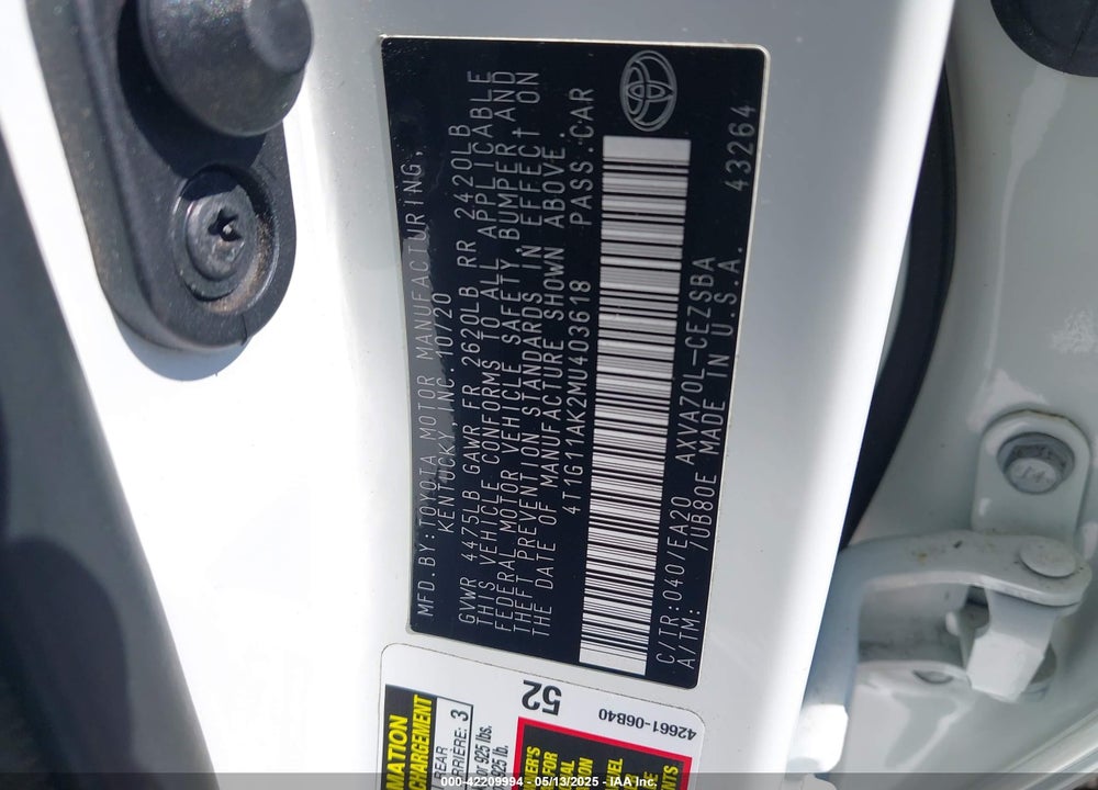 2021 TOYOTA CAMRY VIN: 4T1G11AK2MU403618