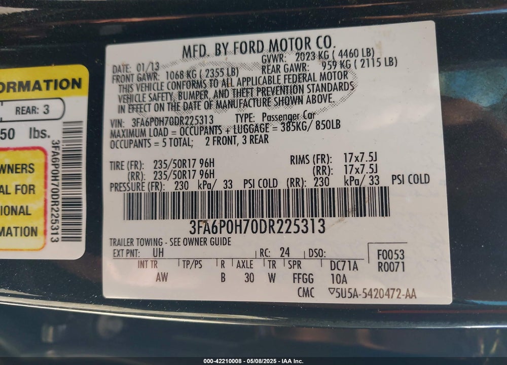 2013 FORD FUSION VIN: 3FA6P0H70DR225313