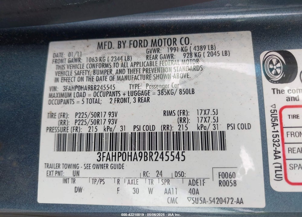 2011 FORD FUSION VIN: 3FAHP0HA9BR245545