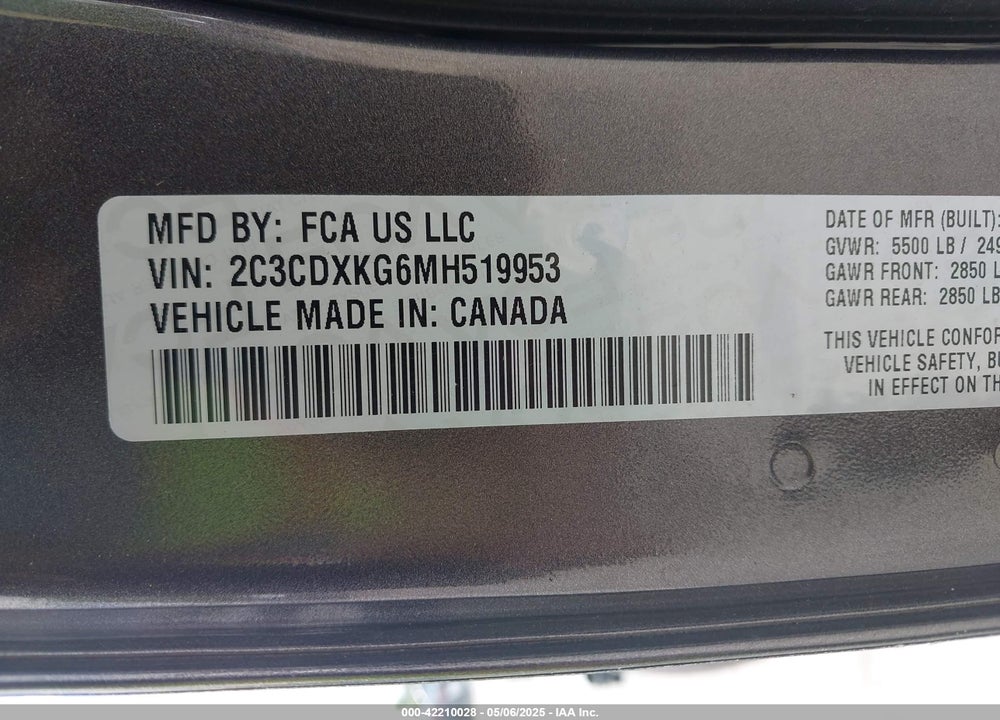 2021 DODGE CHARGER VIN: 2C3CDXKG6MH519953