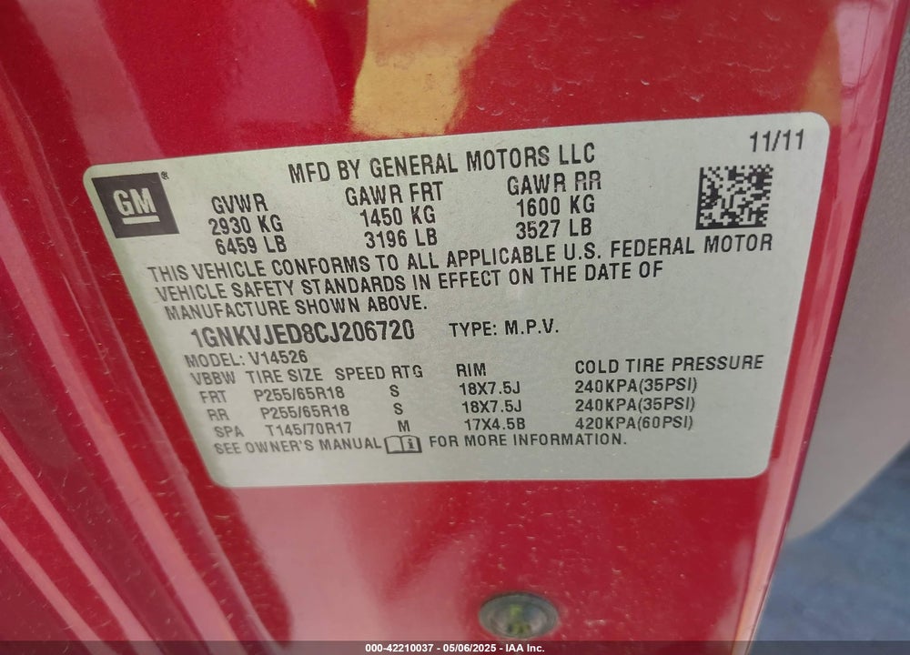 2012 CHEVROLET TRAVERSE VIN: 1GNKVJED8CJ206720