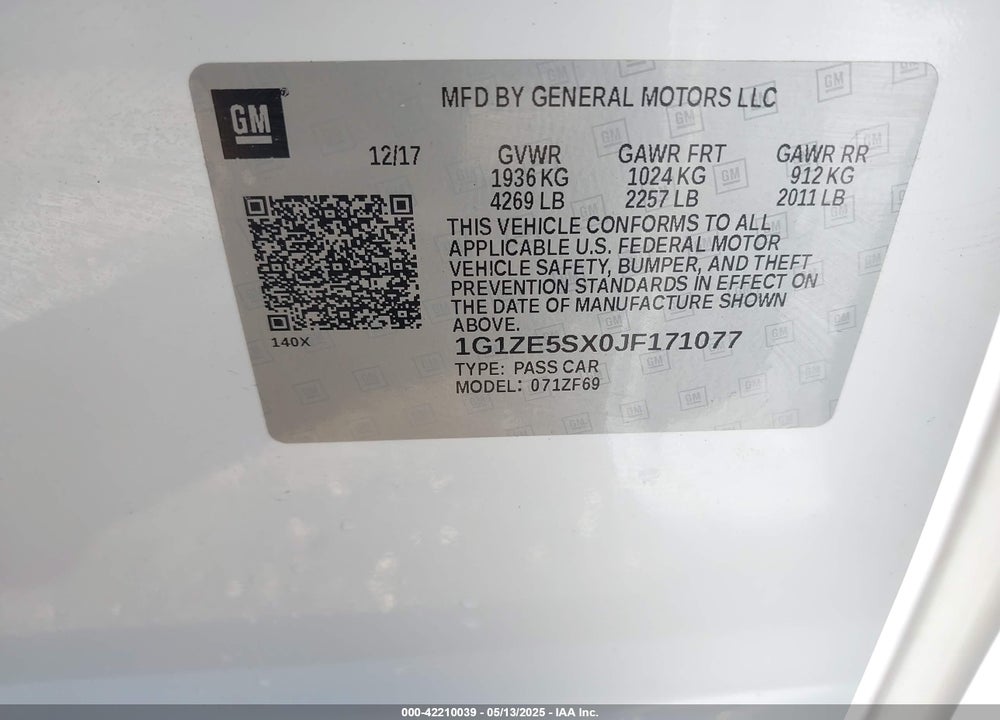 2018 CHEVROLET MALIBU PREMIER VIN: 1G1ZE5SX0JF171077
