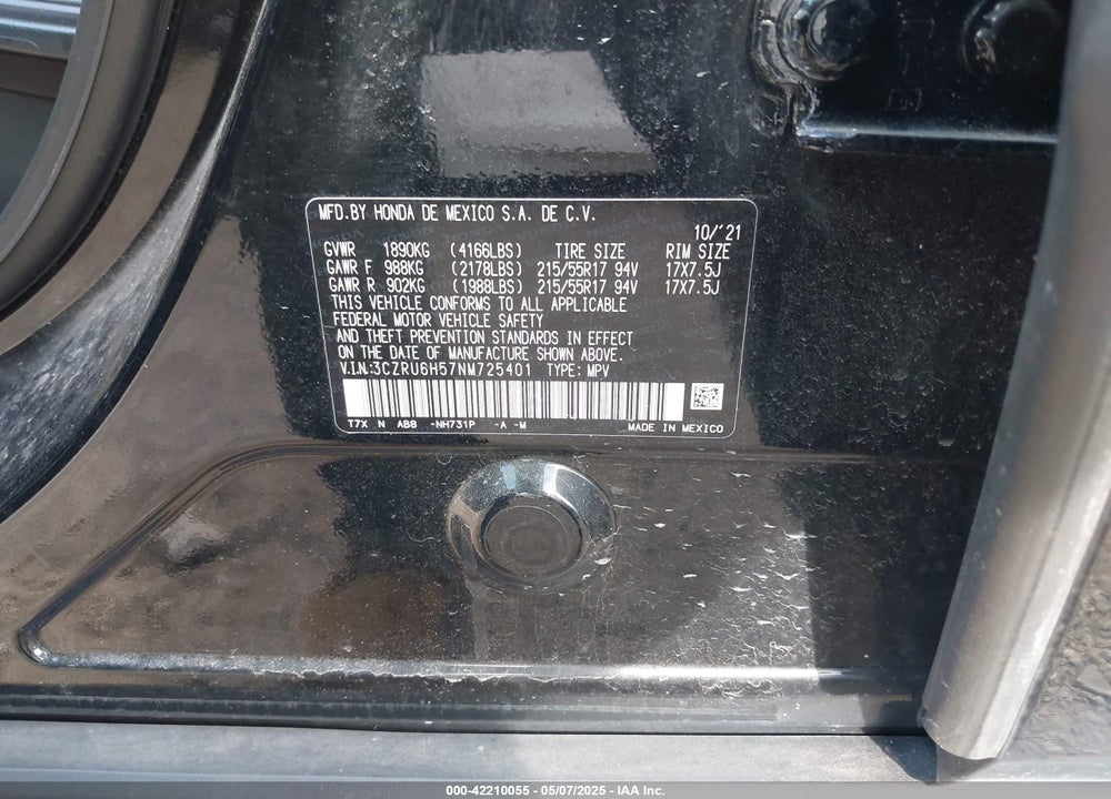 2022 HONDA HR-V VIN: 3CZRU6H57NM725401