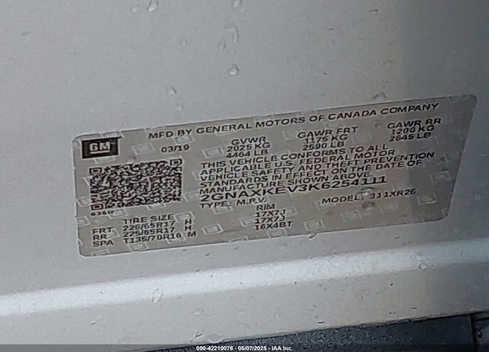 2019 CHEVROLET EQUINOX VIN: 2GNAXKEV3K6254111