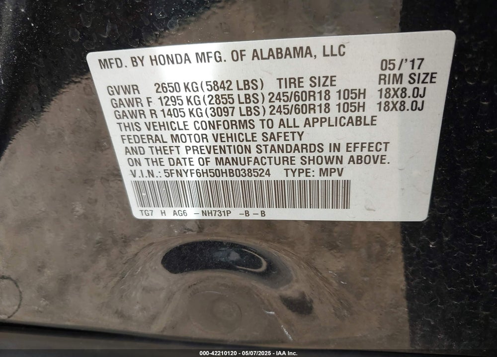 2017 HONDA PILOT VIN: 5FNYF6H50HB038524
