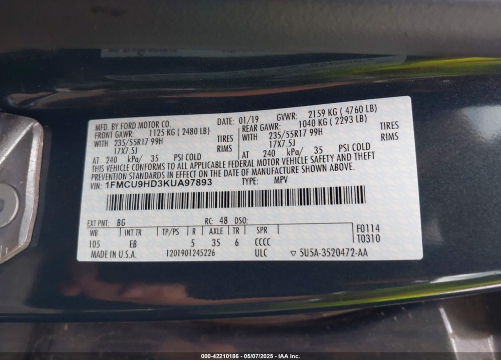 2019 FORD ESCAPE SEL VIN: 1FMCU9HD3KUA97893