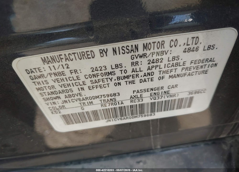 2013 INFINITI G37X VIN: JN1CV6AR0DM759683