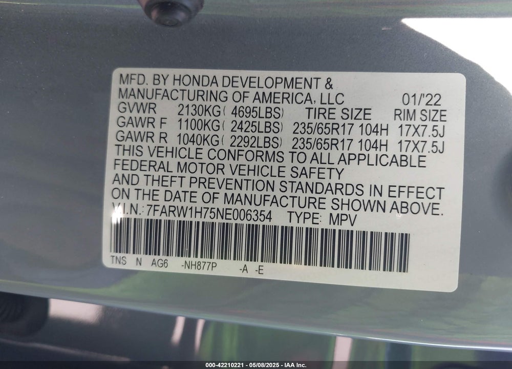 2022 HONDA CR-V VIN: 7FARW1H75NE006354