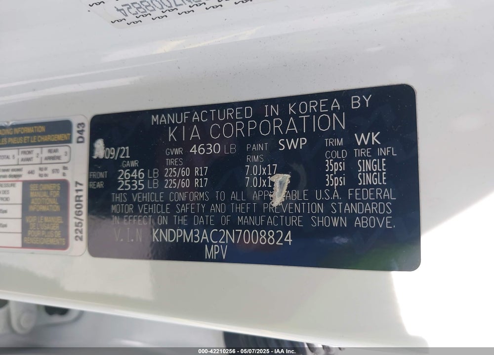2022 KIA SPORTAGE VIN: KNDPM3AC2N7008824