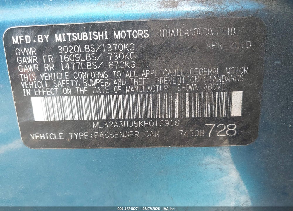 2019 MITSUBISHI MIRAGE VIN: ML32A3HJ5KH012916