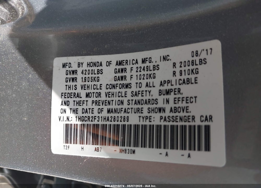 2017 HONDA ACCORD LX VIN: 1HGCR2F31HA280289