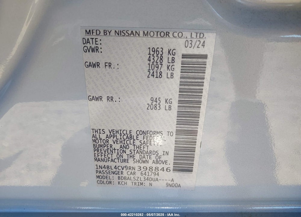 2024 NISSAN ALTIMA SR FWD VIN: 1N4BL4CV9RN398846