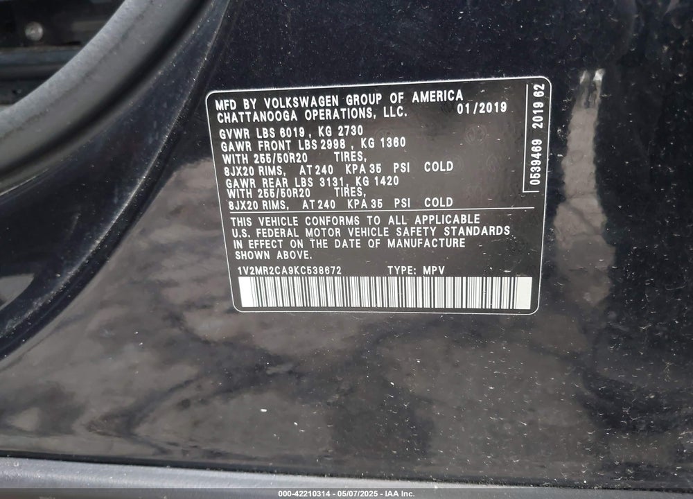 2019 VOLKSWAGEN ATLAS VIN: 1V2MR2CA9KC538672