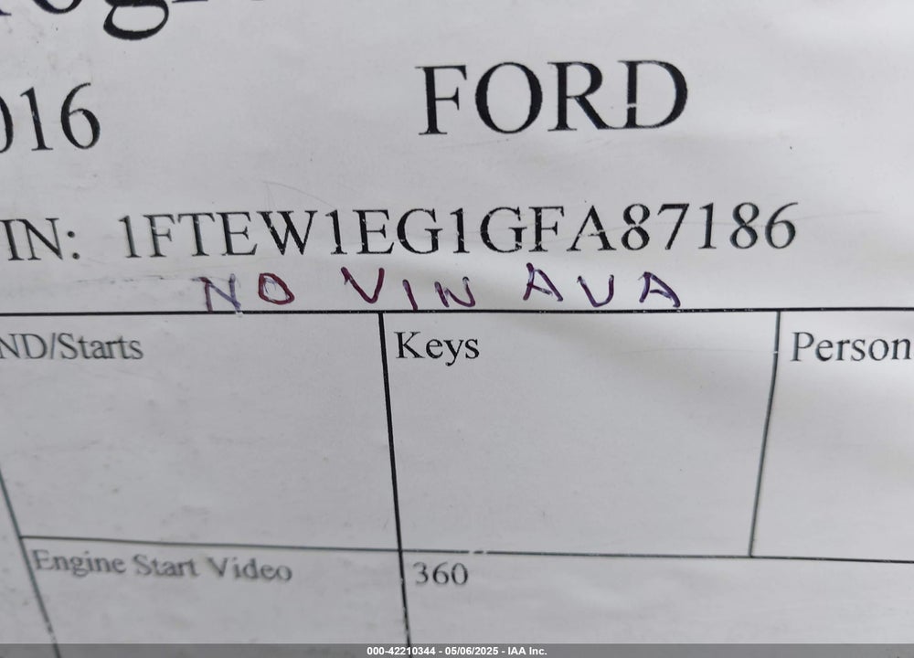 2016 FORD F-150 XLT VIN: 1FTEW1EG1GFA87186