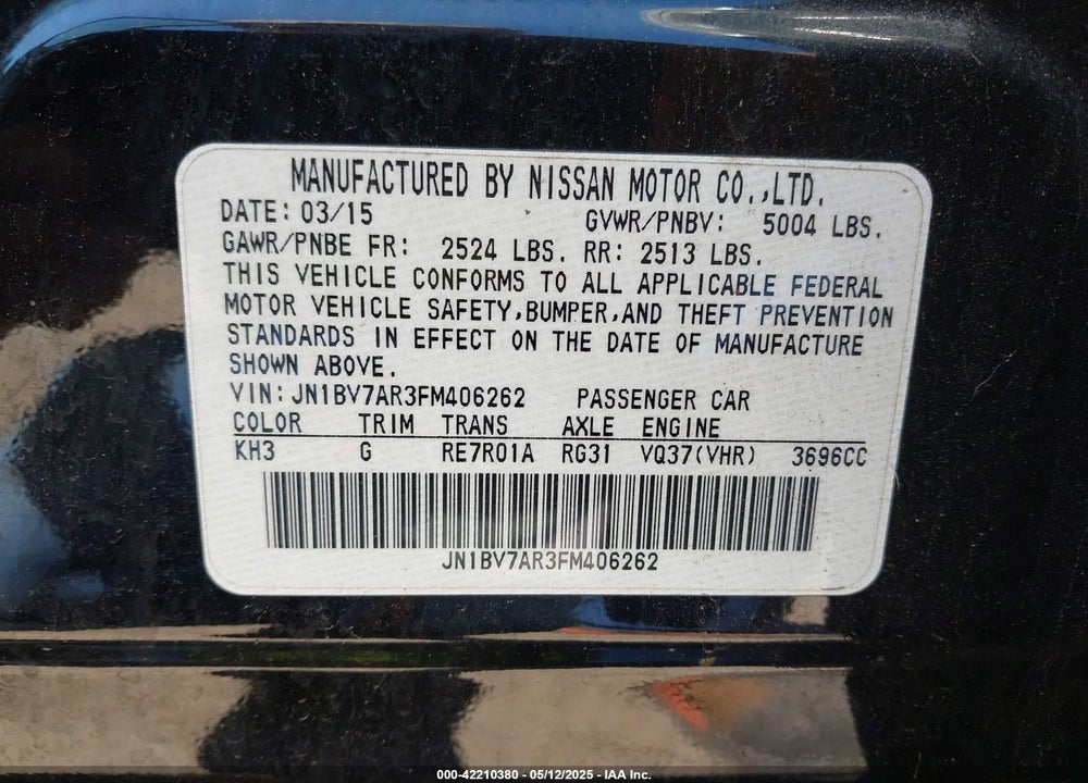 2015 INFINITI Q50 VIN: JN1BV7AR3FM406262