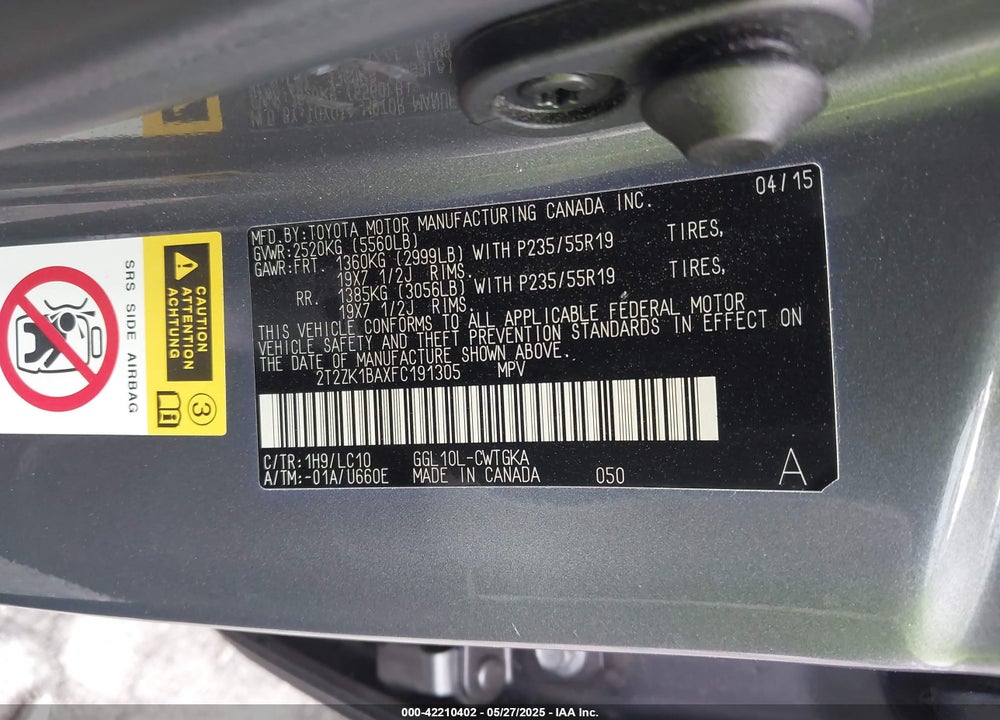2015 LEXUS RX 350 VIN: 2T2ZK1BAXFC191305