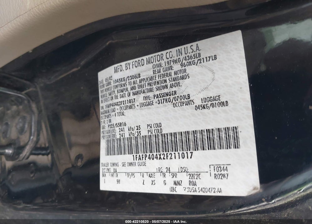 2002 FORD MUSTANG VIN: 1FAFP404X2F211017