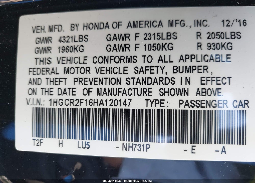 2017 HONDA ACCORD SPORT SE VIN: 1HGCR2F16HA120147
