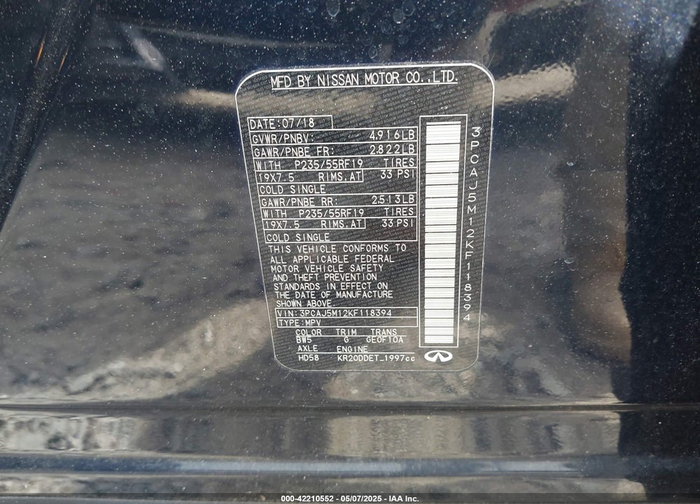 2019 INFINITI QX50 VIN: 3PCAJ5M12KF118394