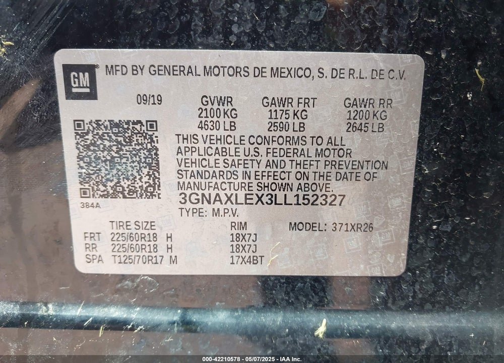 2020 CHEVROLET EQUINOX VIN: 3GNAXLEX3LL152327