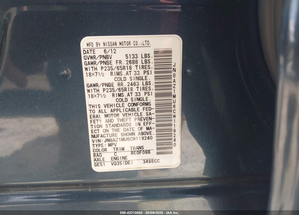 2012 NISSAN MURANO VIN: JN8AZ1MU6CW119240